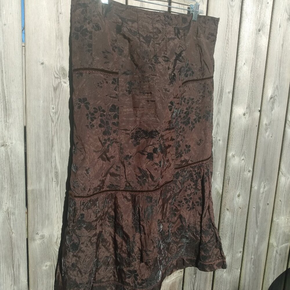 Vintage 90s Brown Skirt Large 37.5"W Flocked Taffeta Grunge NUOVI SARTI y2k
